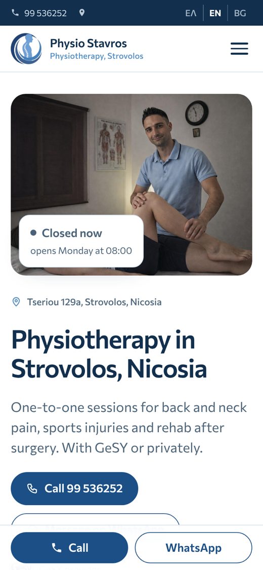 The physiostavros.com homepage on a phone