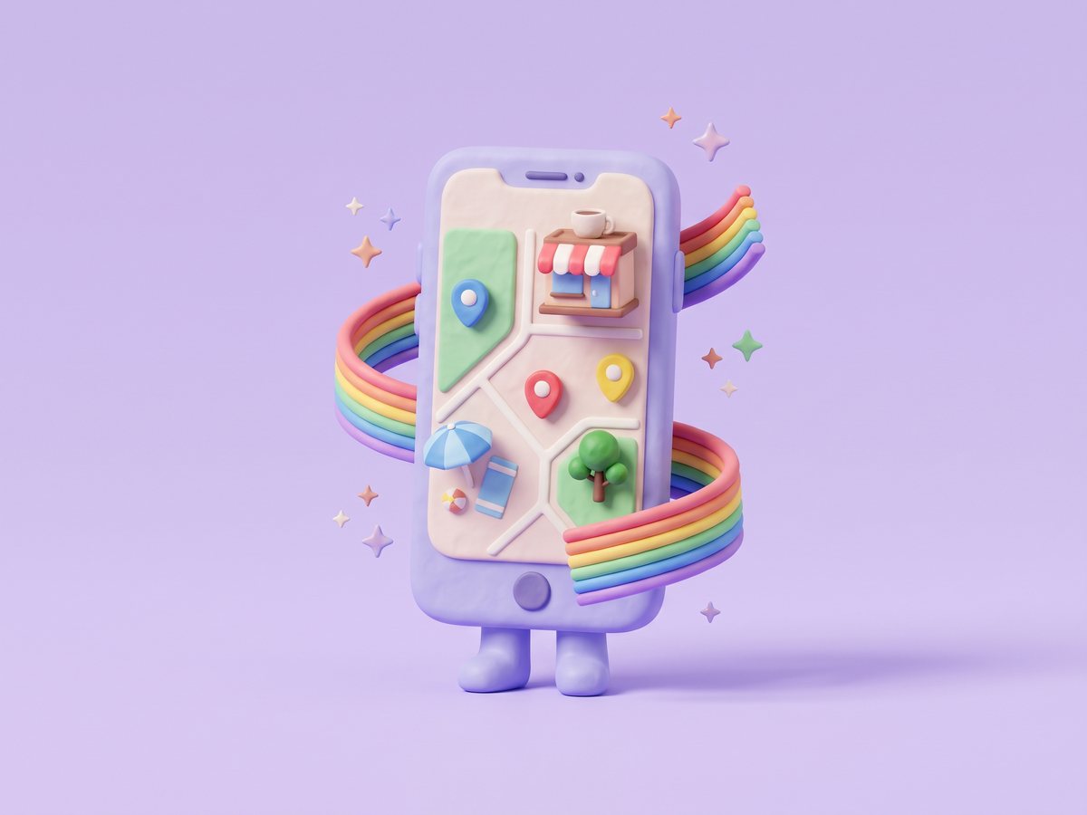 Illustration of a phone showing a map with colourful pins