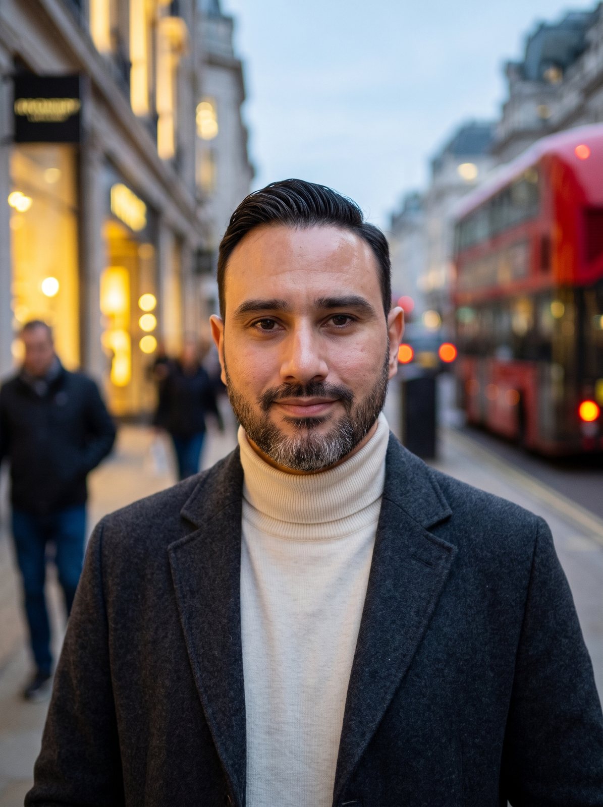 Costas on a London street at blue hour, in a charcoal overcoat