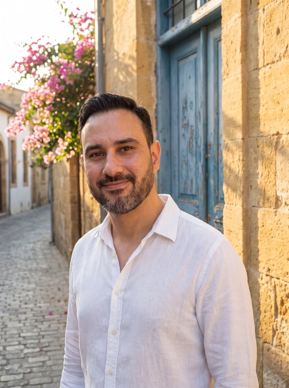Costas smiling in a Nicosia old town street at golden hour