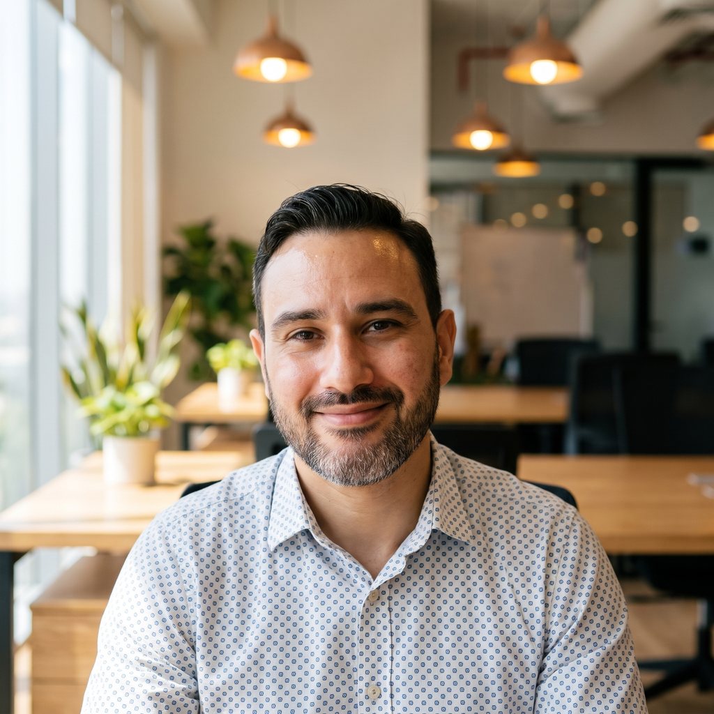 Costas Kastamoulas smiling in a light patterned shirt in a warm, sunlit office